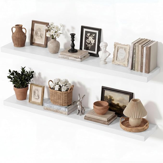Vivelove Wall Floating Shelves for Display with Invisible Brackets, Long Floating Shelves for Bedroom Bathroom Living Room Kitchen Office, 40”X 8" X 1.4", Set of 2 - White