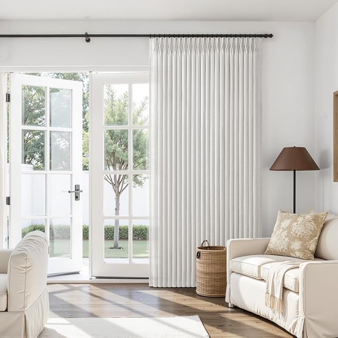 70 Inch Extra Wide Beige White Curtains 102 Inches Long for Classroom, Memory Shape Pinch Pleat Light Filtering Thick Natural Linen Sheer Office Window Drapes 70"W x 102"L with Ceiling Track 1 Panel