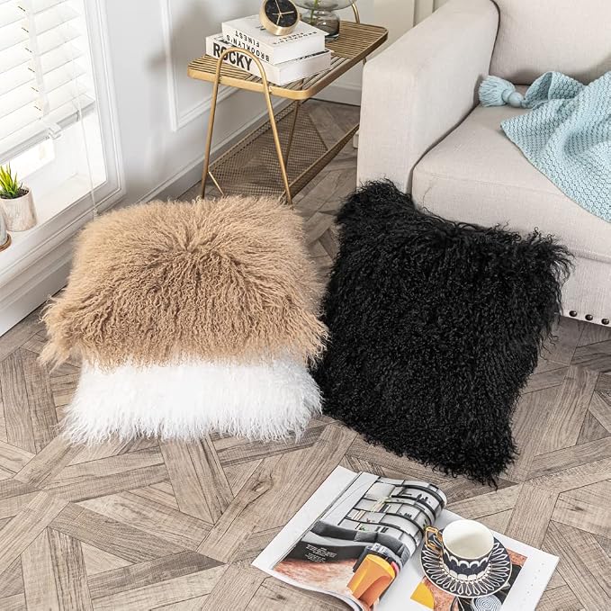 Mongolian Lamb Fur Throw Pillow Cover (16'' x 16'', White), Real Sheep Fur Decorative Cushion Cover Case Home Decorative Square Throw Pillow Cover Plain Wool Pillow Protector