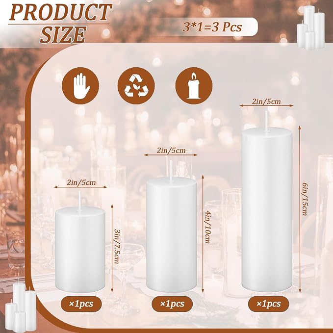 18 Pcs White Pillar Candles Bulk Set，Hurricane Candles，3 Different Lengths 2 x 3/4/6 Inch (6 Each)，Dripless Unscented Smokeless，Gives You a Better Atmosphere When Organizing an Event Party.