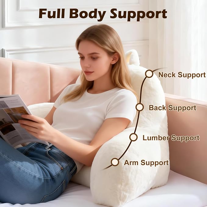 Faux Fur Reading Pillow for Bed/Couch/Floor/Dorm, Great Cozy Back Pillow for Bed Sitting Up, Fluffy Fur Bed Pillow for Sitting Up for Adults/Teens/Kids, Upgrade Back Support Pillow, Ivory