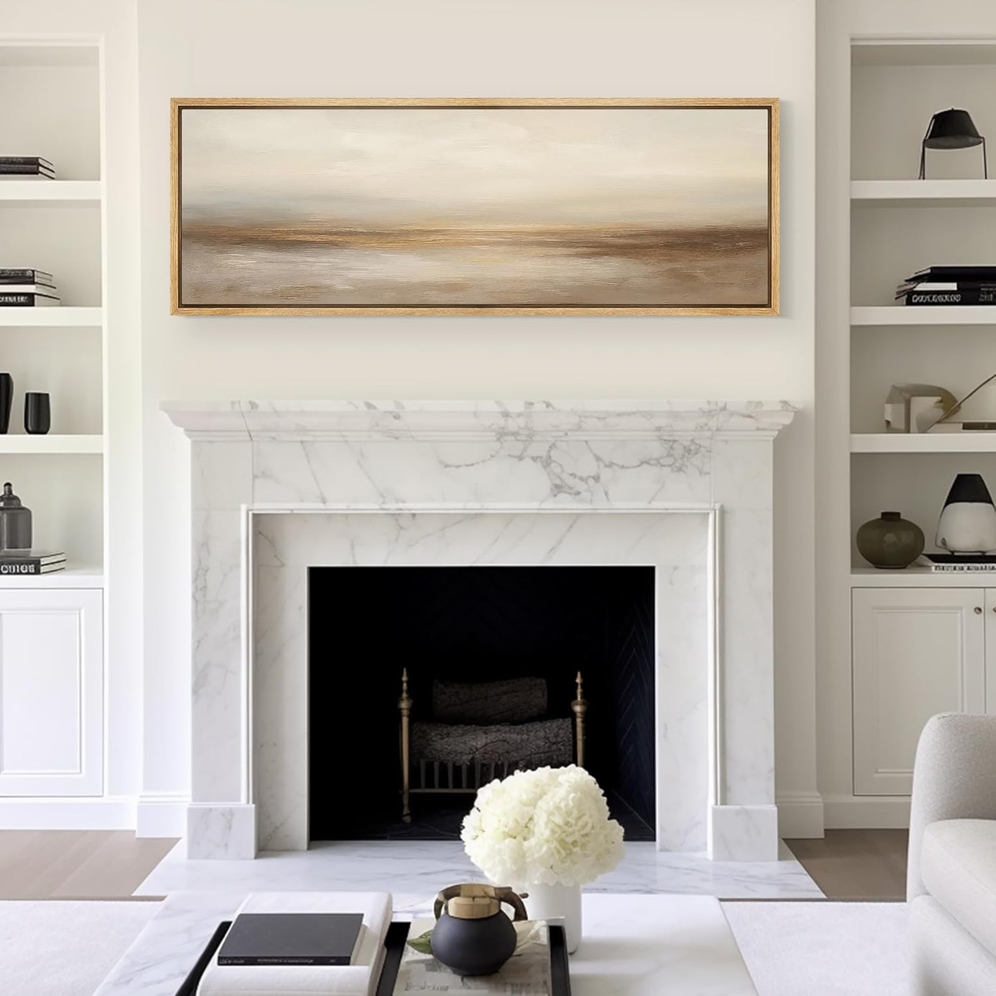 MUDECOR Large Framed Canvas Print Wall Art Neutral Beige Horizon Abstract Modern Minimalist Landscape Illustrations Decorative Colorful for Bedroom - 60"x20"