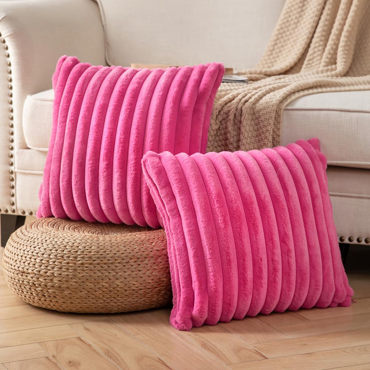 DEELAND Pack of 2,Double-Sided Faux Fur Plush Decorative Throw Pillow Covers Fuzzy Striped Soft Pillowcase Cushion Covers for Sofa Couch Bedroom