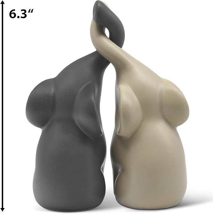 Vaudagio Loving Pair of Elephants in Beige & Grey - Modern Ceramic Sculpture - Figurine as a Set - Decoration Figure 6.3" high - Ornament Elephant in Love