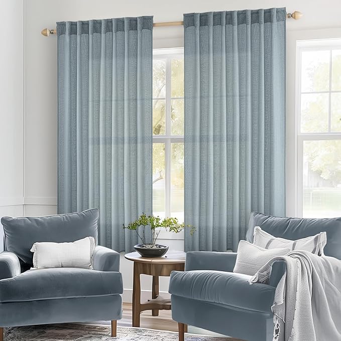 MIULEE Dusty Blue Linen Curtains 63 Inch Length 2 Panels for Bedroom Living Room, Soft Thick Linen Textured Kitchen Window Drapes Semi Sheer Light Filtering Back Tab Rod Pocket Burlap Look Decor