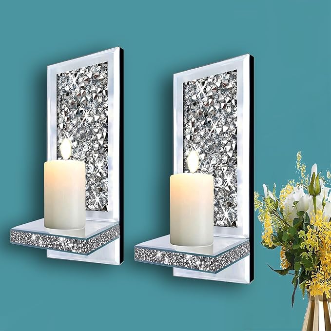 ZOLAPI Set of 2 Crystal Crush Diamond Candle Sconces, Gorgeous Silver Mirrored Wall Sconce, Candle Holder Glass Wall Decorations for Home Décor, Living Room, Dining Room. 1A