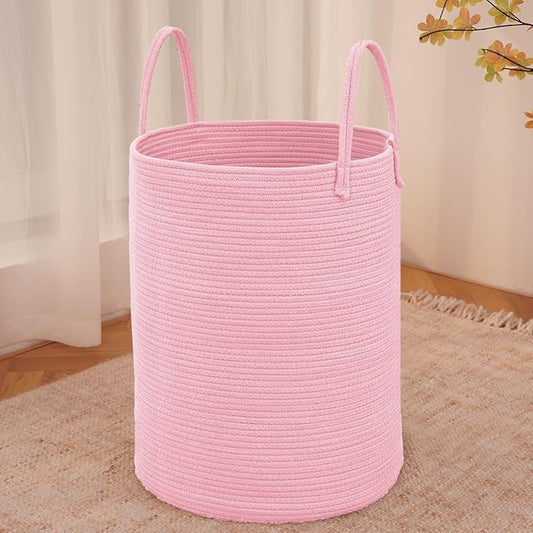 JMvicyroam Large Woven Laundry Basket Hamper,80L Cotton Rope Storage Bin for Blankets,Toys and Clothes,Decorative Tall Nursery Hamper for Living Room,Baby Nursery,Bathroom and Bedroom,Pink