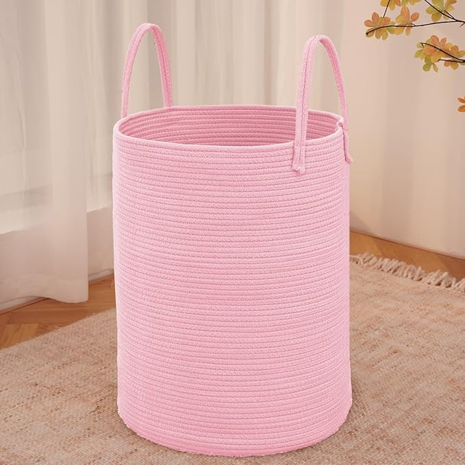 JMvicyroam Large Woven Laundry Basket Hamper,60L Cotton Rope Storage Bin for Blankets,Toys and Clothes,Decorative Tall Nursery Hamper for Living Room,Baby Nursery,Bathroom and Bedroom,Pink