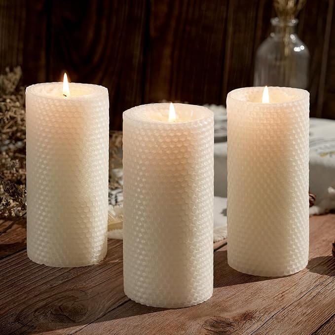 4 Pack Beeswax Pillar Candles, 2.8x6 Inch 180 Hours Hand-Rolled White Large Beeswax Candles, Handmade Pure Bees Wax Honeycomb Bees Wax Candle for Prayer, Unscented Candles