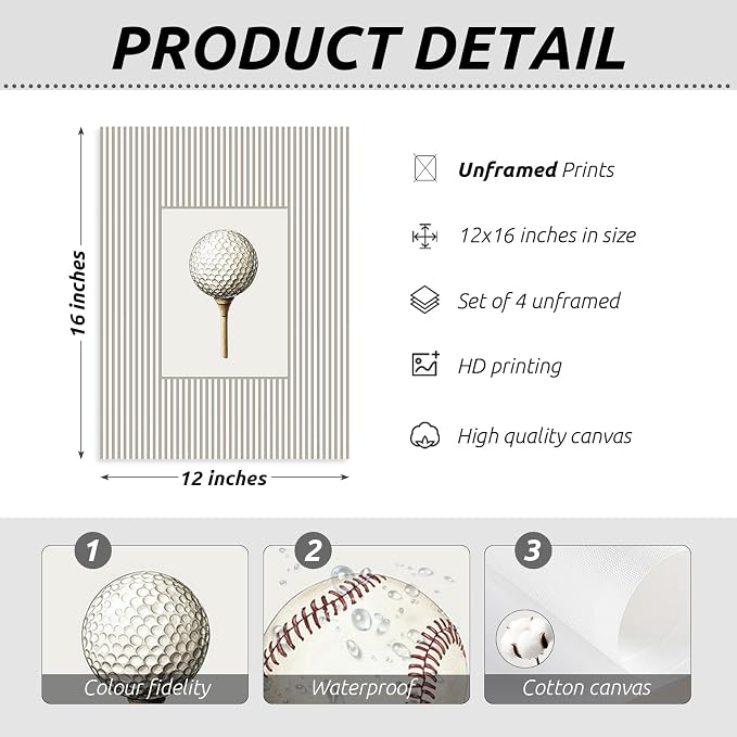 Sports Wall Art Decor Toddler Boys Room Canvas Prints Vintage Sports Nursery Wall Decor Kids Poster Football Baseball Pictures Basketball Golf Painting Artwork for Bedroom 12x16 Inch Unframed Set of 4