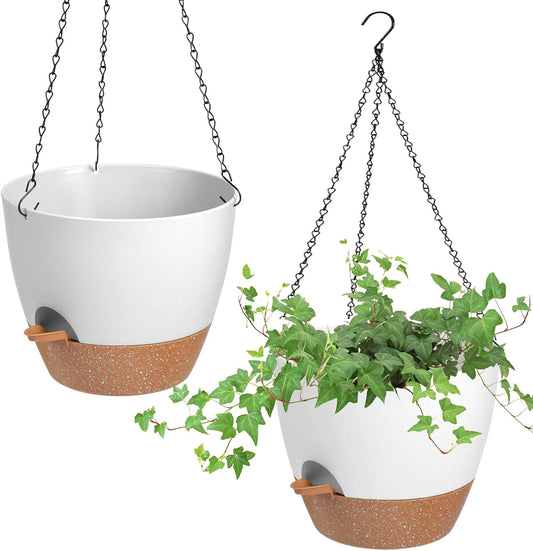 Hanging Planters for Indoor Outdoor Plants, 2 Pack Self Watering Hanging Pot with Drainage Holes & Removable Tray (White, 10'')
