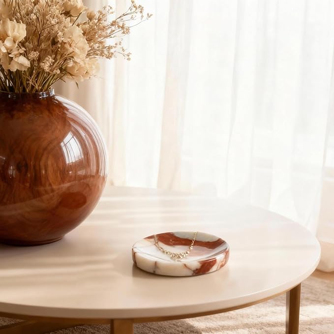 ZSHAWN Red Calacatta Viola Marble Jewelry Dish 4”, Small Trinket Tray for Rings Earrings Bracelets, Round Marble Soap Dish for Bathroom & Vanity, Decorative Catchall Dish for Home & Tabletop