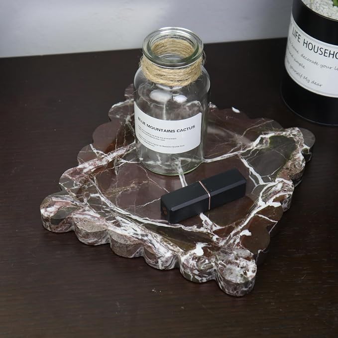 Square Marble Decorative Tray with Scalloped Edge, Luxury Natural Stone Bathroom Vanity Tray, Dresser Top Perfume Coffee Home Kitchen Sink Tray, Key Trinket Ring