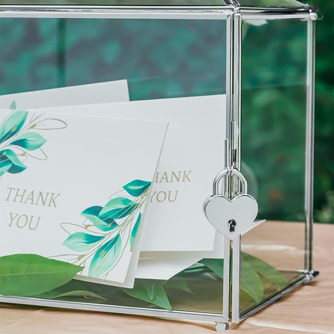 NCYP Small 10.2 x 5.9 x 7.9 Inches Silver Glass Cards Box with Slot and Lock for Wedding, Birthday Party - Geometric Card Holder, Home Decorative, Slot Length 6.3'' (Glass Box Only)