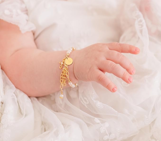 Cherished Moments 14K Gold-Plated Personalized Cherished Babe to Bride Cross Bracelet Gift for Infant Baby Dedication or Baptism with Cultured Pearls and with Initial Charm