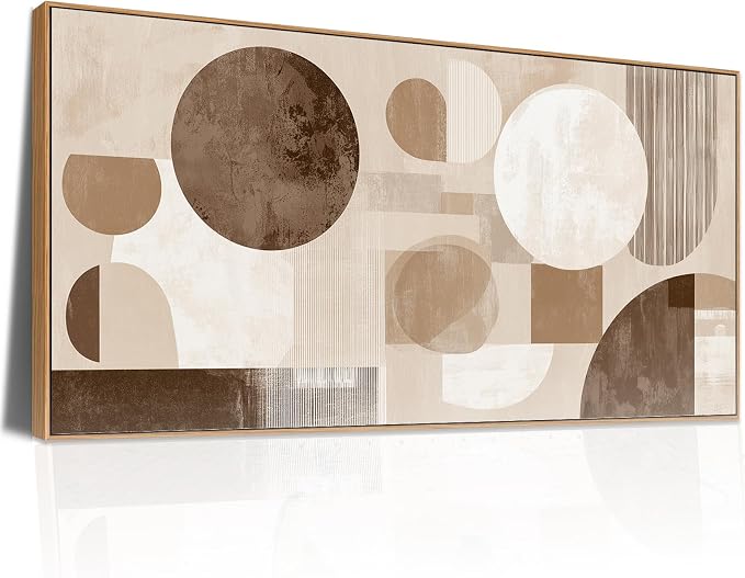 Sorbrozo Mid Century Modern Abstract Geometric Wall Art with Wood-Colored Frame Boho Sun and Moon Canvas Painting Neutral Earth Tone Pictures for Living Room Bedroom Home Office Indoor Decor 20x40 inch