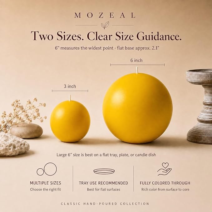 MOZEAL Hand-Poured, 3 Inch Yellow Round Ball Candles - Elegant Yellow Round Pillar Candles Set of 3, Dripless, Unscented, Smokeless, Ideal for Spring and Summer Parties.