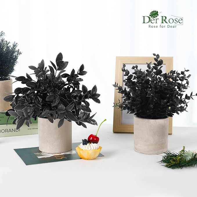 Der Rose 3 Pack Black Fake Plants Artificial Plants Plastic Eucalyptus for Bathroom Home Office Desk Farmhouse Room Table Black Christmas Decorations Gothic Decor Indoor