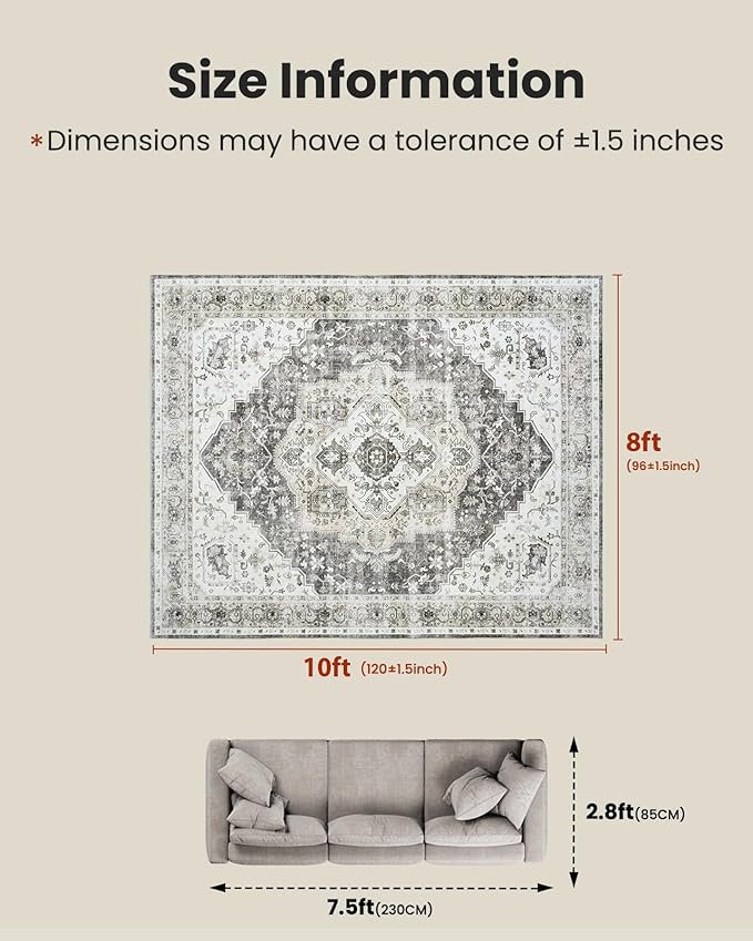 AMADA HOMEFURNISHING Grey 8x10 Area Rug, Washable Low-Profile Large Area Rug with Non-Slip Backing & Durable Edge Binding, Vintage Large Rugs for Living Room, Bedroom