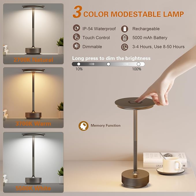 CordlessTable Lamp,Rechargeable USB-C Battery Operated Table Lights | IP54 Waterproof 3 Levels Brightness Light with Memory Function,Cordless Light for,Dining Room, Cafe,Bars(2P Coffee)