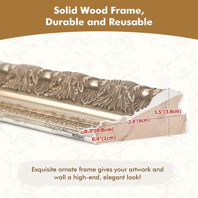 DIY Solid Wood Frame for 16x20 Canvas Oil Paintings, 2.4" Wide Antique Silver Ornate Picture Frame for Landscape Portrait Prints Posters (Empty Frame Only, No Plexiglass & Backing Board)
