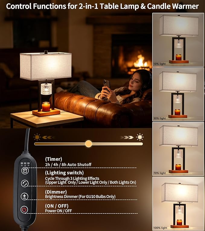 2-in-1 Table Lamp Candle Warmer Lamp with Timer & Dimmer,Modern Wax Melt Warmer for Jar Candles New Home Decor Bedroom Living Room,Birthday Gifts for Mom Women L15*W7.1*H19” Bulbs Included