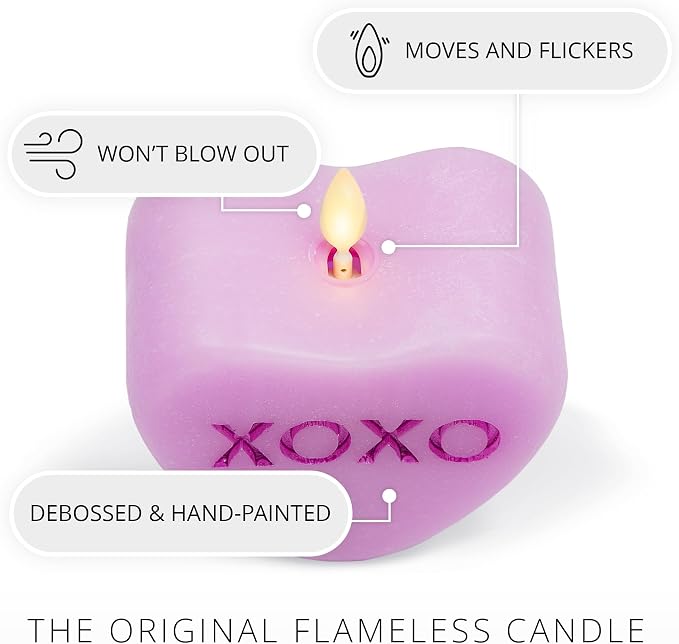 Luminara Candy Heart XOXO Pastel Orchid Candle- Flameless Real-Flame Romantic Battery Operated LED Decor- Valentine's Day Collection- 3.5" x 4.5"