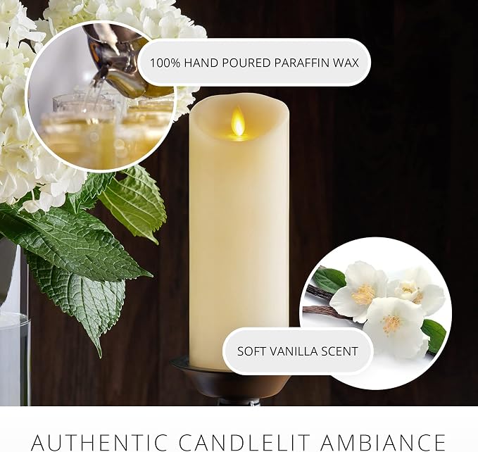 Luminara Scalloped Edge Flameless LED Candle, Warm White, 3" x 8.5", Battery Operated, Moving Flame, Real Wax Pillar with Timer, Vanilla Honey Scented