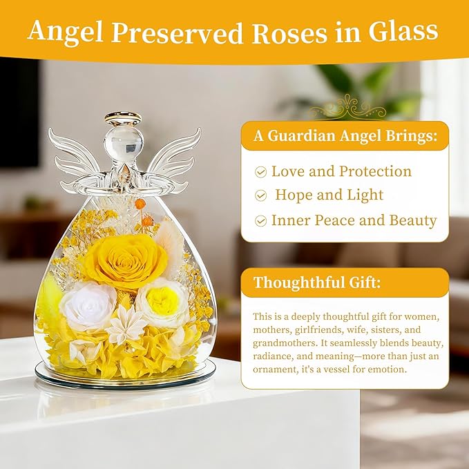 Gifts for Women Mom Preserved Rose Forever Flower Eternal Roses in Glass Angel Figurines Fresh Flowers for Delivery Prime Mothers Day Birthday Gift for Her Wife Grandma on Valentines Day Anniversary