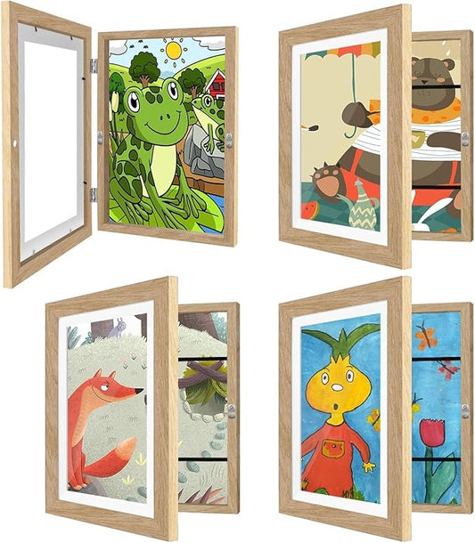 4 Pack Kids Art Frames 9x12 Inch Kids Artwork Flip Frame Changeable for Picture Display, Children School Drawing Projects Storage, Horizontally Vertically Wall Hanging, Front Opening, Wood