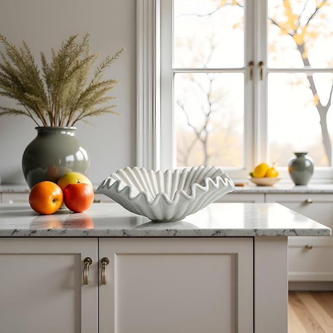 Large Decorative Handmade Bowl Decor, Modern Home Decoration, Fan Shaped Bowl, Ruffle Decor, Stylish Key Bowl for Entry Table, Decorative Fruit Bowl for Kitchen Counter, Light Gray