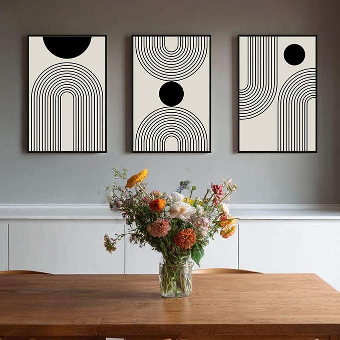 SAFERRYHOME Boho Abstract Wall Art, 3 Pieces Mid Century Modern Framed Canvas Wall Decor Neutral Beige Black Art Painting Print, Geometric Line Artwork Picture for Living Room Bedroom Office, 16"x24"