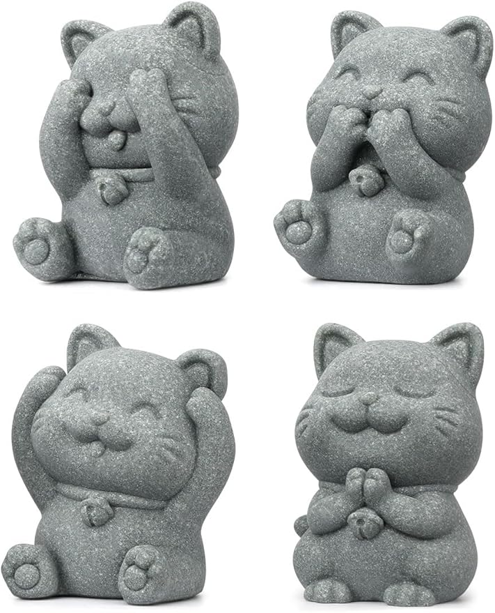 4 Piece Cute Cat Figurine Set, Sandstone See no Evil,Hear no Evil,Speak no Evil,Do no Evil Statues, Zen Desk/Garden Decor, Adorable Kitty Accents for Home Office