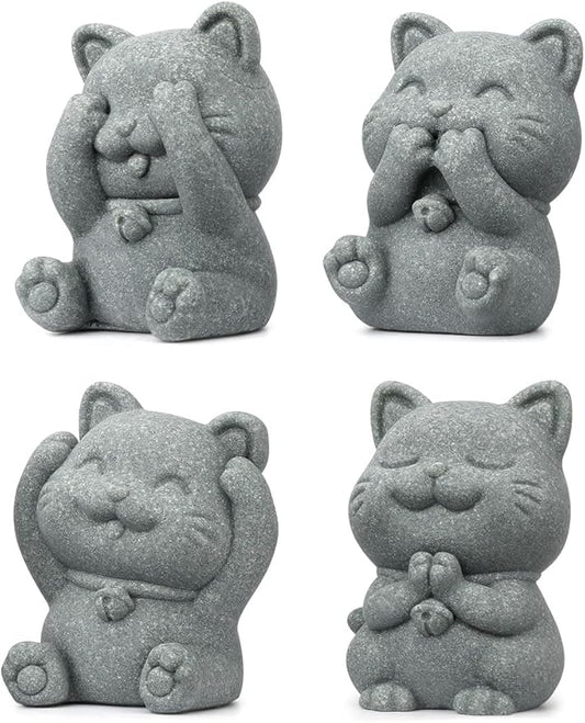 4 Piece Cute Cat Figurine Set, Sandstone See no Evil,Hear no Evil,Speak no Evil,Do no Evil Statues, Zen Desk/Garden Decor, Adorable Kitty Accents for Home Office