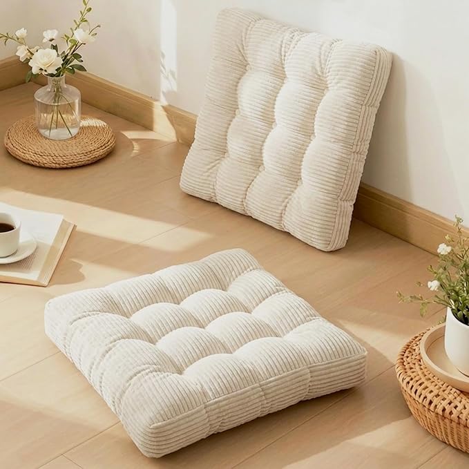 Meditation Floor Pillow Set of 2,Memory Foam Meditation Floor Cushions for Adults Sitting, Large Square Thickened Seat Cushion for Yoga, Tatami Living Room (2, Beige)