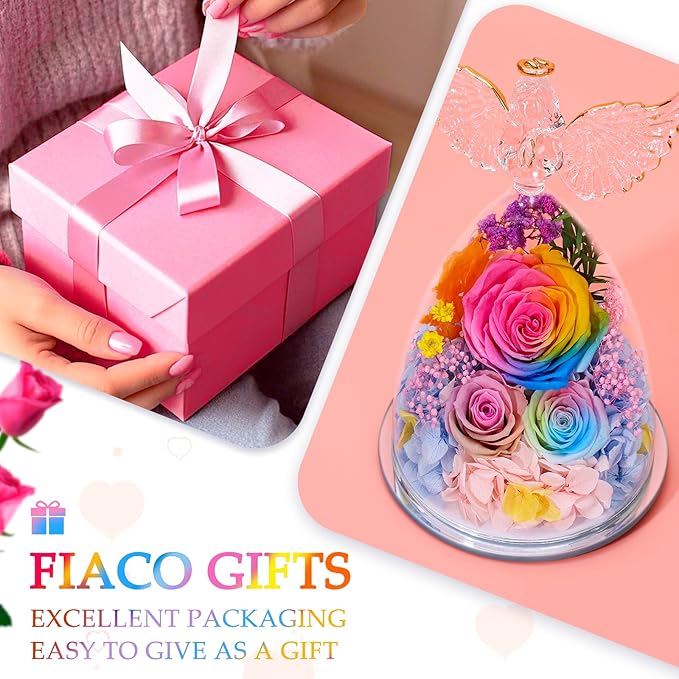FIACO Gifts for Women Mom Preserved Rose Forever Flower in Glass Angel Figurine Fresh Flowers for Delivery Birthday Gifts for Grandma Wife Sister Eternal Roses