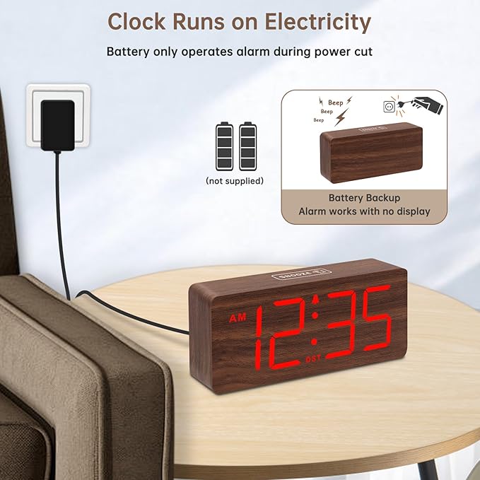 DreamSky Wooden Digital Alarm Clock for Bedroom - Desk Clocks with Large Numbers for Living Room, Office, Dimmer, Loud Alarm for Heavy Sleepers with Volume Control, DST, Wood Decor (Plug in Clock)