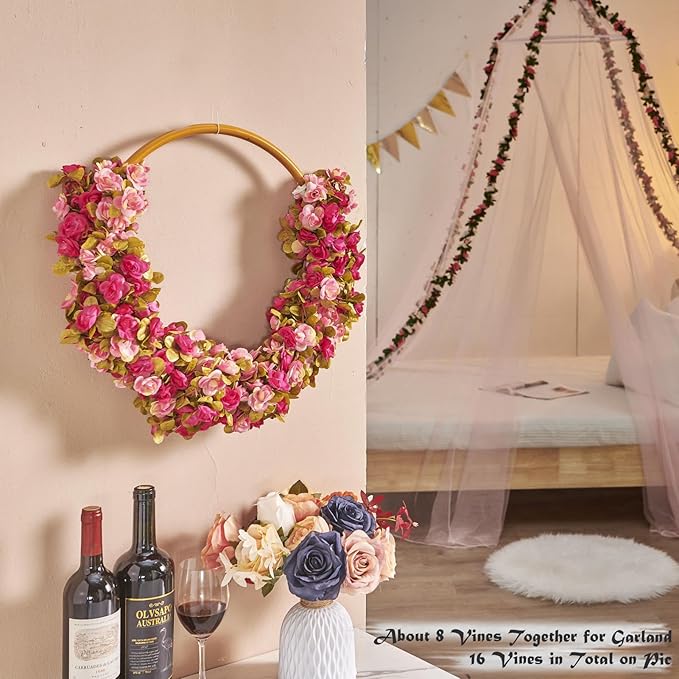 PONKING 6 Pcs x 8.2 ft Flower Garland Artificial Rose Vine Flowers with Green Leaves Hanging Fake Roses Vine for Room Party Home Wedding Birthday Christmas Wall Arch Decor, Fall Purple Flower