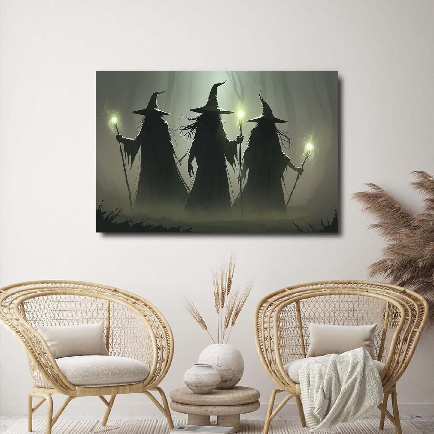 Vintage 3 witches canvas wall decor melancholy dark Halloween poster wall decor holding a staff print Gothic horror Halloween painting print for living room bedroom12x16in Wood Framed