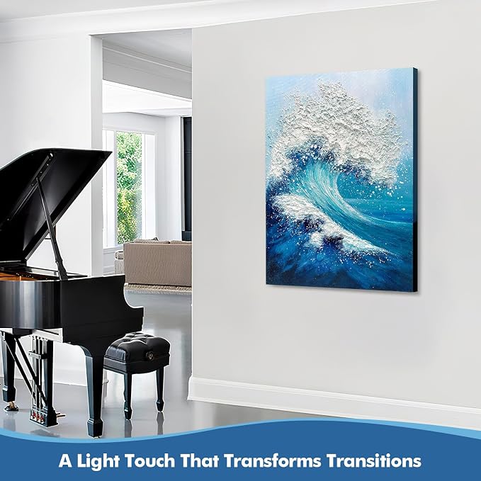 Large Abstract Blue Ocean Wave Wall Art, 3D Textured Vertical Oil Painting | 24x36 In Hand-Painted Canvas Textured Ocean Waves Wall Decor for Living Room Bedroom Office, Minimalist Coastal Artwork