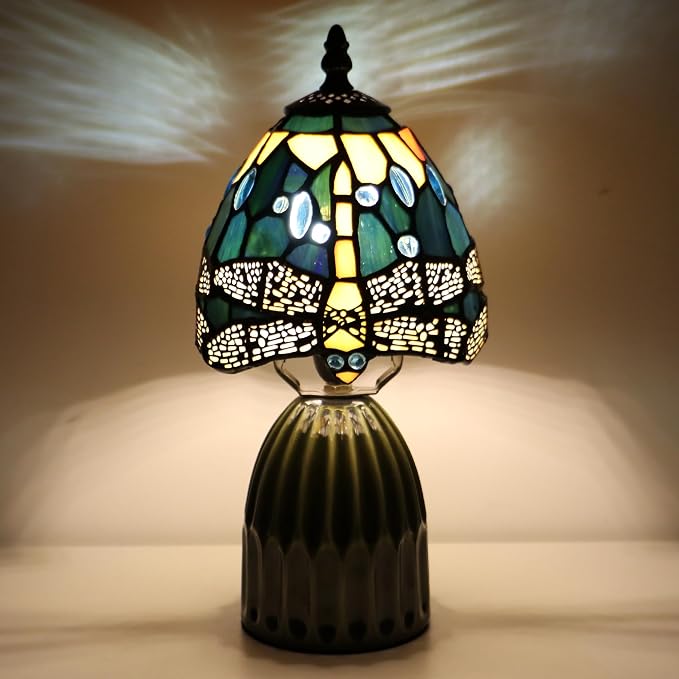 Tiffany Stained Glass Mushroom Table Lamp 12.5 Inch -Yellow Dragonfly | Tiffany Lamp,6X6X12.5 Inch,Small Night Light,Ceramic Base, Mini Accent Light Suitable,Bedside,Bedroom, Children Room,Antique