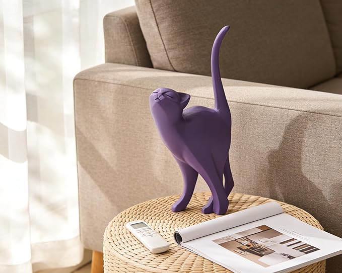 Purple Cat Statue Modern Abstract, Home Office Shelf Decor, 7-Inch Vibrant Assorted Colors, Easy to Match Any Decor Style