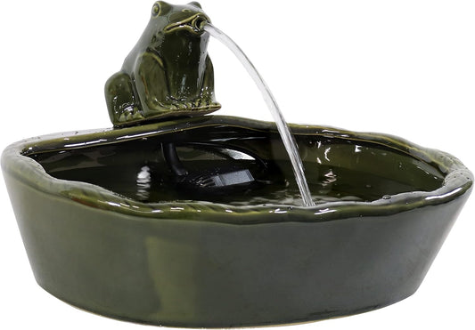 Sunnydaze Ceramic Solar-Powered Water Fountain - Green Glaze - Low-Voltage Submersible Pump with Filter - Frog