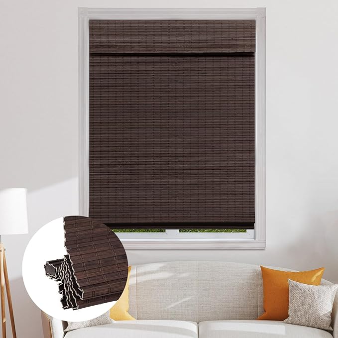 SEEYE Cordless Bamboo Roman Shades, Blackout Natural Bamboo Blinds for Indoor Windows, Roll Up Blind Privacy Shade for Home, Office, Door, UV Resistant & Easy to Install, 32" W x 64" H, Brown
