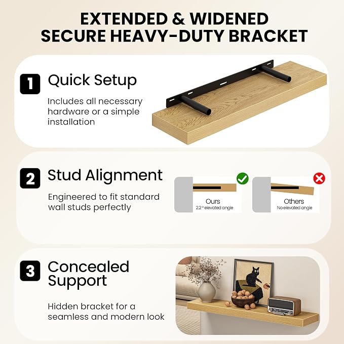 Fun Memories 40Inch Floating Shelves for Wall, 8 Inch Deep Shelves for Bathroom|Bedroom|Kitchen, Large Wall Mounted Wood Hanging Shelf with Invisible Brackets for Home Storage Decor, Oak - 2 Pack