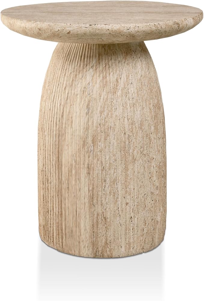 24/7 Shop at Home Ranera Modern 17-inch Natural Stone Side Table with Round Pedestal Base, Marble Nightstand, Fluted Patio End Table, for Living Room, Covered Outdoor Spaces, Light Brown Travertine