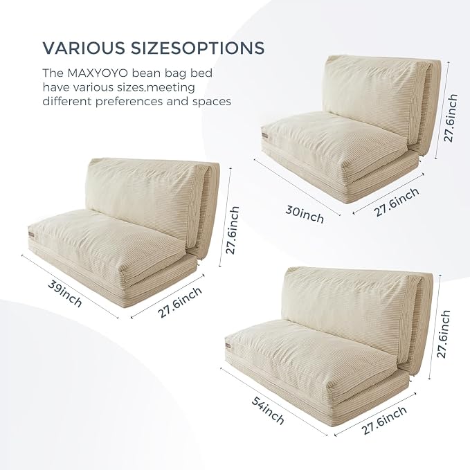 MAXYOYO Folding Sofa Bed, Floor Sofa Convertible Chair with Washable Cover, Floor Couch Lounge Bean Bag Chair Bed for Living Room, Beige, 39x91 Inch