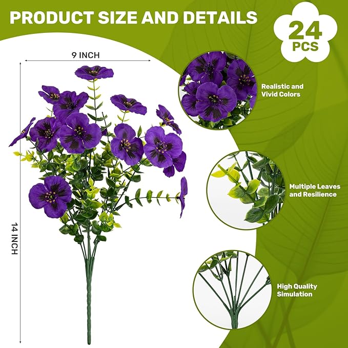 24 Pcs Artificial Fake Pansy Flowers for Outdoor,Faux Silk Plants Flowers UV Resistant Pansies Spring Flowers for Planter Front Door Porch Yard Patio garden Window Box Home Decor(Dark Purple)