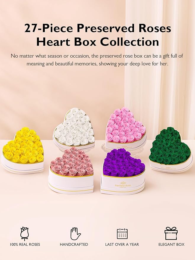 Eterfield 27 Forever Flowers in Heart Shape Box, Preserved Roses That Last a Year Preserved Flowers Birthday Gifts for Her Mom Women Wife Anniversary Valentines Day Mothers Day Christmas, Purple