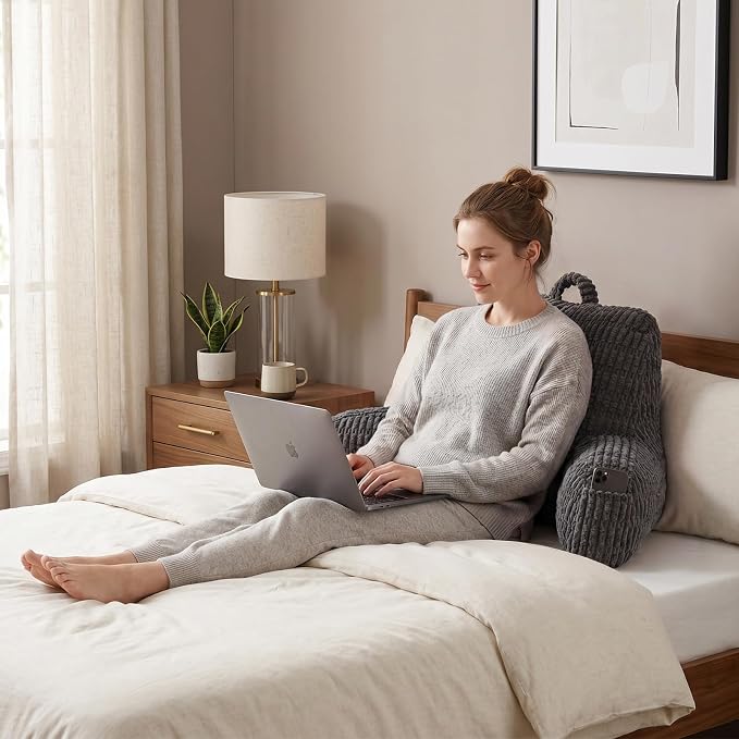 Reading Pillow for Sitting in Bed with Arm,Gray Corduroy,M | Sitting Pillow for Teens Back Support,17" Backrest Pillow Supports Reading,Gaming & Relaxing in Bed,Couch,or Floor